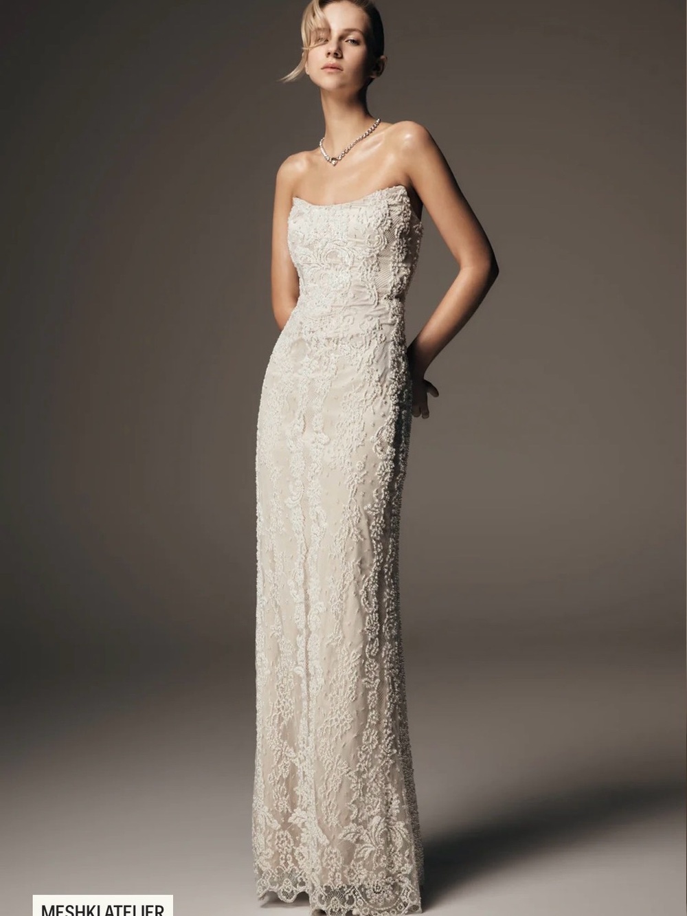 Meshki Strapless Lace Column Dress in Ivory